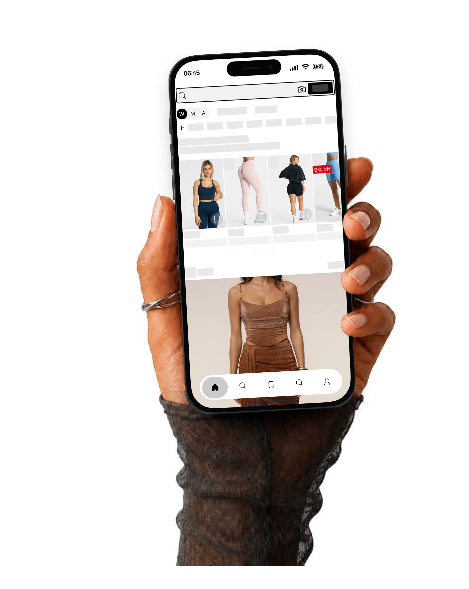 A hand holding a phone showing the imisya feed of outfit recommendations